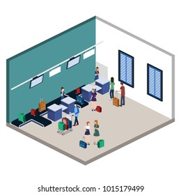 Isometric 3D vector illustration people at the airport with luggage and waiting for the plane