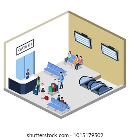 Isometric 3D vector illustration people at the airport with luggage and waiting for the plane