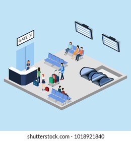 Isometric 3D vector illustration people at the airport with luggage and waiting for the plane