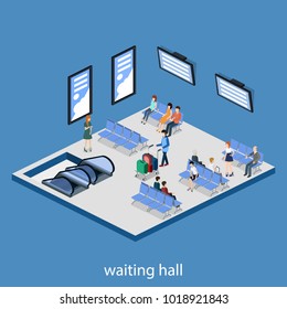 Isometric 3D vector illustration people at the airport with luggage and waiting for the plane