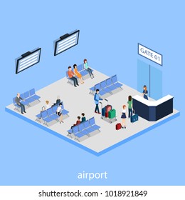 Isometric 3D vector illustration people at the airport with luggage and waiting for the plane