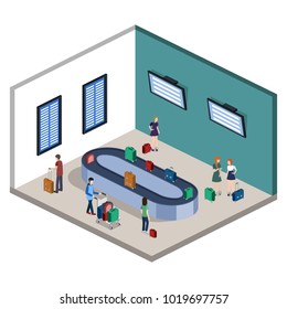 Isometric 3D vector illustration people at the airport with luggage and waiting for the plane