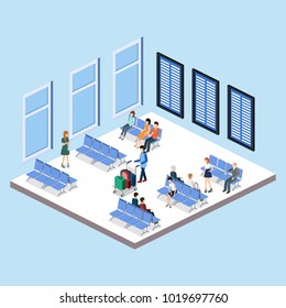 Isometric 3D vector illustration people at the airport with luggage and waiting for the plane