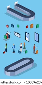 Isometric 3D vector illustration people at the airport with luggage and waiting for the plane