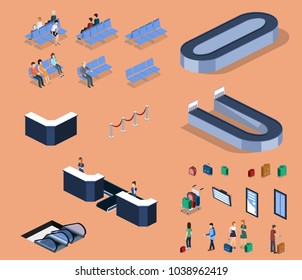 Isometric 3D vector illustration people at the airport with luggage and waiting for the plane