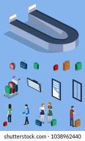 Isometric 3D vector illustration people at the airport with luggage and waiting for the plane
