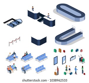 Isometric 3D vector illustration people at the airport with luggage and waiting for the plane
