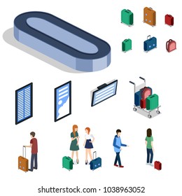 Isometric 3D vector illustration people at the airport with luggage and waiting for the plane