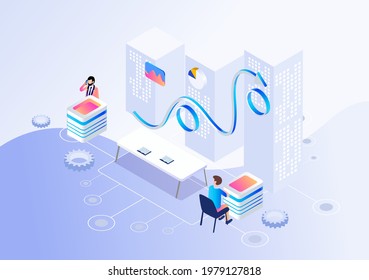 Isometric 3d vector illustration people building and business. Vector 3d illustration design. Business vector 3d illustration.