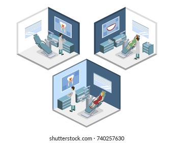 Isometric 3D vector illustration people are enrolled to see a dentist. A nurse is taking patients. The dentist treats the patient. People are waiting for a dentist.