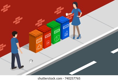 Isometric 3D vector illustration people throwing garbage into a trash can