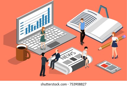 Isometric 3D vector illustration people with books, notebook, newspaper and phone
