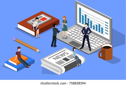 Isometric 3D vector illustration people with books, notebook, newspaper and phone