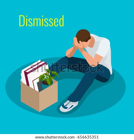 Isometric 3d vector illustration people Dismissed sad man carrying box with her things Dismissal, Unemployment, jobless and employee job reduction concept 