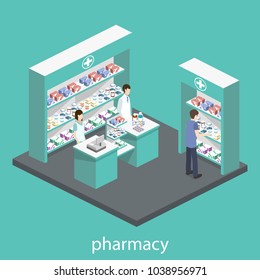 Isometric 3D vector illustration pharmacy store with customers. Shelves with medicines and antibiotics.