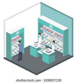 Isometric 3D vector illustration pharmacy store with customers. Shelves with medicines and antibiotics.