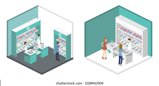 Isometric 3D vector illustration pharmacy store with customers