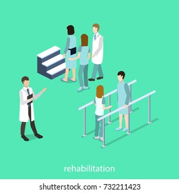 Isometric 3D vector illustration physical rehabilitation after fracture