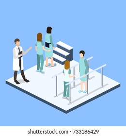Isometric 3D vector illustration physical rehabilitation after fracture. Physiotherapist deals with treatment with a patient