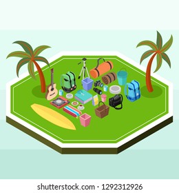 Isometric 3d vector illustration - picnic supplies - backpacks, camera, surfboard, stove, towel, mattress, sleeping bag, foods, guitar