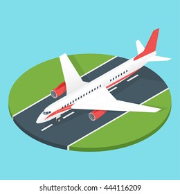 Isometric 3d vector illustration of plane on the airport runway.