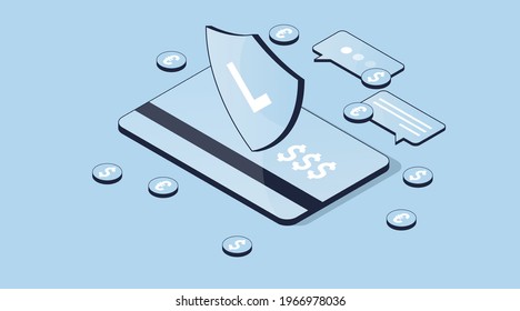 Isometric 3d vector illustration. Plastic credit card with a shield. Safety security protection of finances. Online banking.