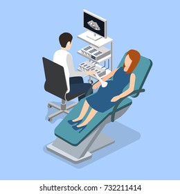 Isometric 3D vector illustration pregnant woman at a doctor's appointment