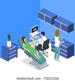 Isometric 3D vector illustration pregnant woman at a doctor's appointment