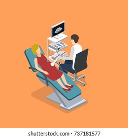 Isometric 3D vector illustration pregnant woman at a doctor's appointment. Doctor examines a pregnant woman by ultrasound