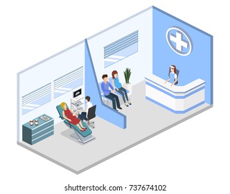 Isometric 3D vector illustration pregnant woman at a doctor's appointment. Doctor examines a pregnant woman by ultrasound