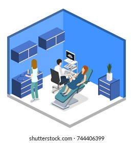 Isometric 3D vector illustration pregnant woman at a doctor's appointment. Doctor examines a pregnant woman by ultrasound