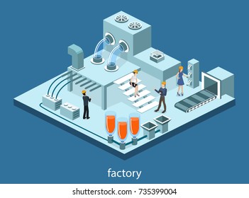 Isometric 3D vector illustration research laboratory with chemicals. Tanks with substance, conveyor and wires with equipment