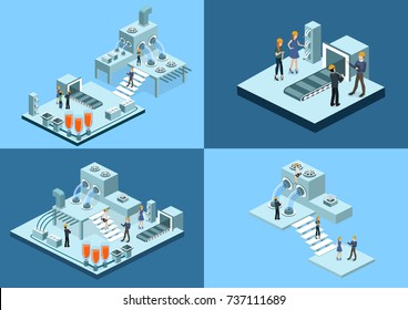 Isometric 3D vector illustration research laboratory with chemicals. Tanks with substance, conveyor and wires with equipment