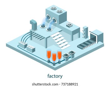 Isometric 3D vector illustration research laboratory with chemicals. Tanks with substance, conveyor and wires with equipment
