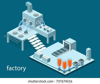 Isometric 3D vector illustration research laboratory with chemicals. Tanks with substance, conveyor and wires with equipment