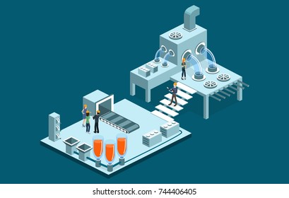 Isometric 3D vector illustration research laboratory with chemicals. Tanks with substance, conveyor and wires with equipment