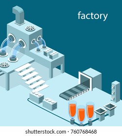 Isometric 3D vector illustration research laboratory with chemicals. Tanks with substance, conveyor and wires with equipment
