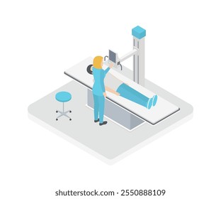 Isometric 3D vector illustration roentgen x-ray study. Diagnosis and search for the disease with magnetic radiation. The doctor scans the patient with x-ray