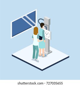Isometric 3D vector illustration roentgen x-ray study. Diagnosis and search for the disease with magnetic radiation. The doctor scans the patient with x-ray
