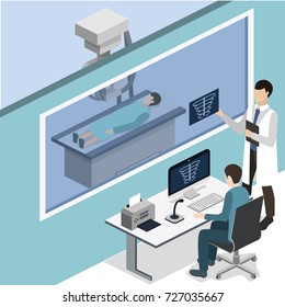 Isometric 3D vector illustration roentgen x-ray study. Diagnosis and search for the disease with magnetic radiation. The doctor scans the patient with x-ray