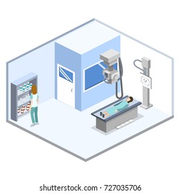 Isometric 3D vector illustration roentgen x-ray study. Diagnosis and search for the disease with magnetic radiation. The doctor scans the patient with x-ray