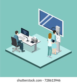 Isometric 3D vector illustration roentgen x-ray study. Diagnosis and search for the disease with magnetic radiation. The doctor scans the patient with x-ray