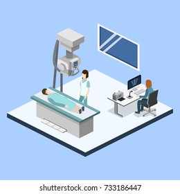 Estudio de rayos x en roentgen de ilustración isométrica 3D vectorial. Diagnóstico y búsqueda de la enfermedad con radiación magnética. El médico escanea al paciente con rayos X