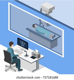 Isometric 3D vector illustration roentgen x-ray study. Diagnosis and search for the disease with magnetic radiation. The doctor scans the patient with x-ray