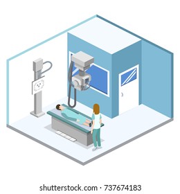 Isometric 3D vector illustration roentgen x-ray study. Diagnosis and search for the disease with magnetic radiation. The doctor scans the patient with x-ray