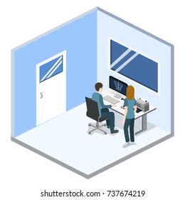 Isometric 3D vector illustration roentgen x-ray study. Diagnosis and search for the disease with magnetic radiation. The doctor scans the patient with x-ray