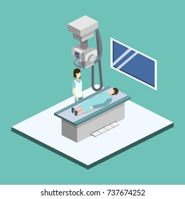 Isometric 3D vector illustration roentgen x-ray study. Diagnosis and search for the disease with magnetic radiation. The doctor scans the patient with x-ray