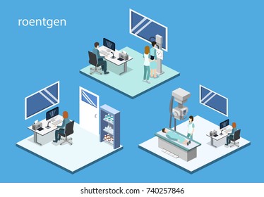Isometric 3D vector illustration roentgen x-ray study. Diagnosis and search for the disease with magnetic radiation. The doctor scans the patient with x-ray