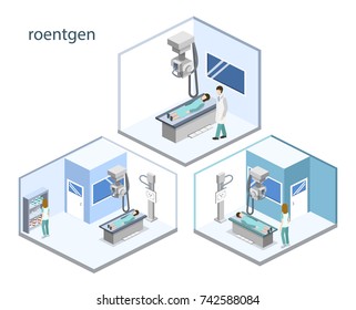 Isometric 3D vector illustration roentgen x-ray study. Diagnosis and search for the disease with magnetic radiation. The doctor scans the patient with x-ray