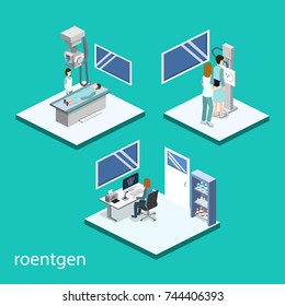 Isometric 3D vector illustration roentgen x-ray study. Diagnosis and search for the disease with magnetic radiation. The doctor scans the patient with x-ray